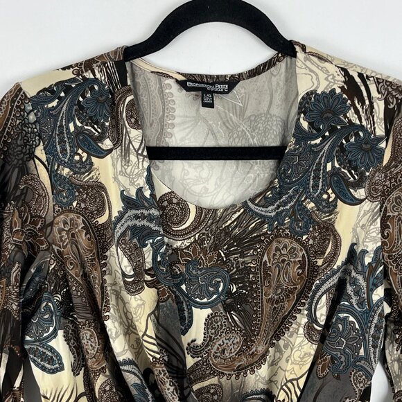 Conrad C Top Blouse Size L Brown Beige Paisley 3/4 Sleeve Round Neck Stretch - Picture 2 of 9